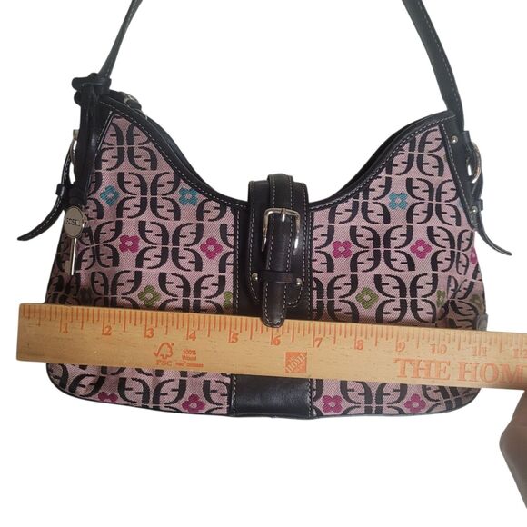 Fossil Monogram Shoulder Bag Purse Handbag Pink Black Leather Trim Flower Boho - Picture 8 of 13